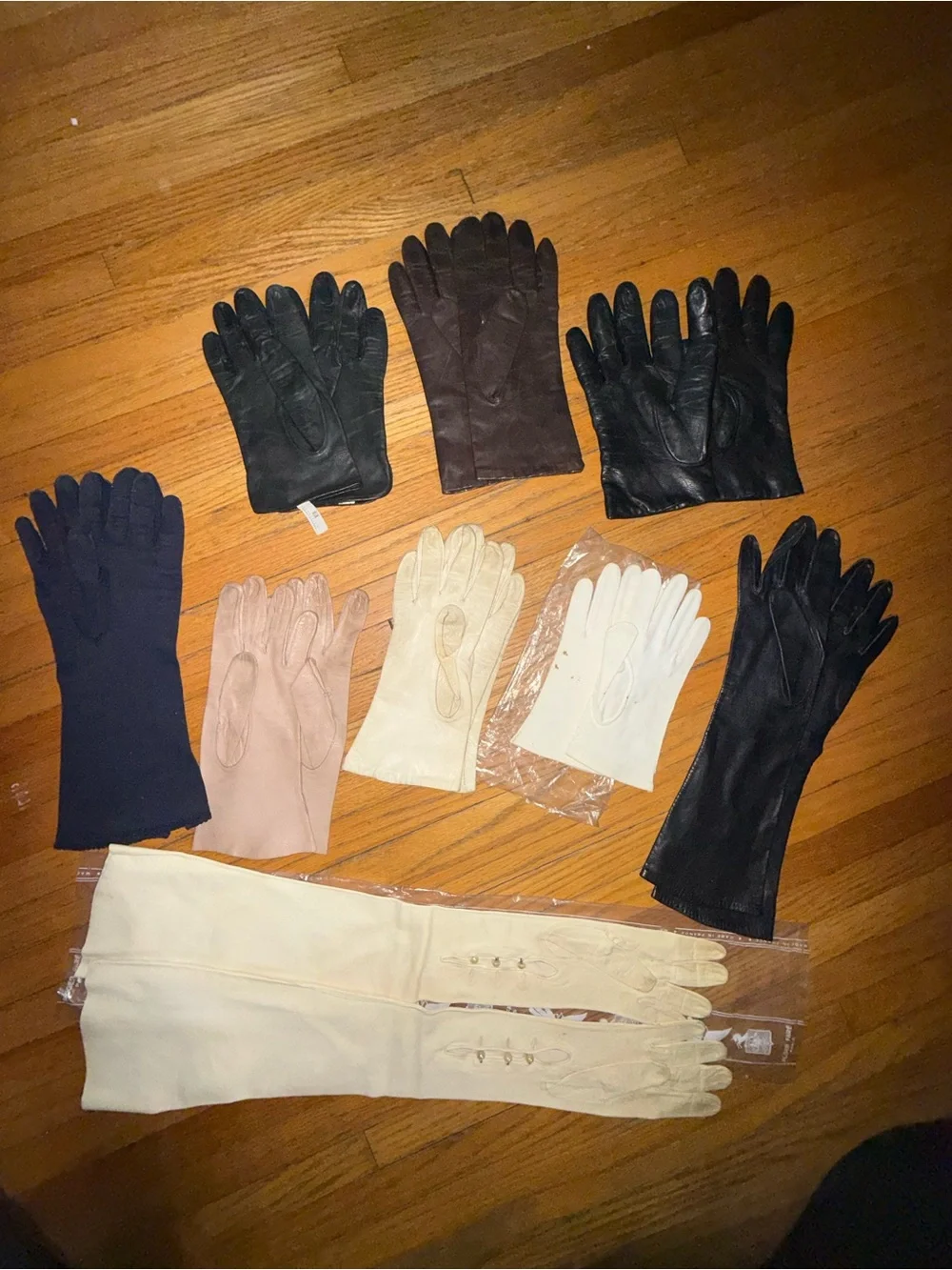 9 Pairs Vintage Mixed Gloves Lot - Black, Cream, Navy, Tan, Roger Fare